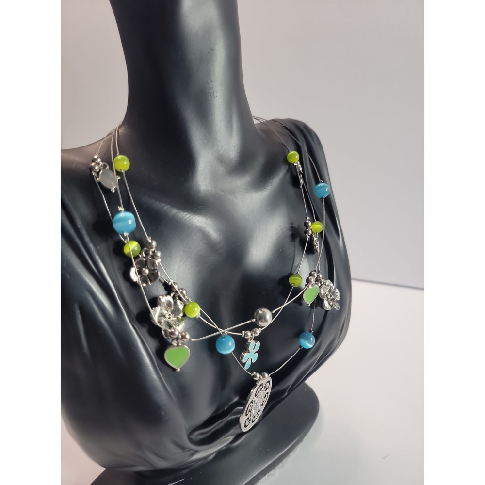 Silver Tone Multi Strand Necklace Blue Green Beads Flower Leaf Charm Medallion